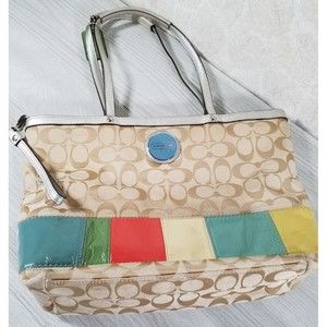 Coach Signature Stripe Frame Carryall Bag Purse Leather and Canvas Multi Color